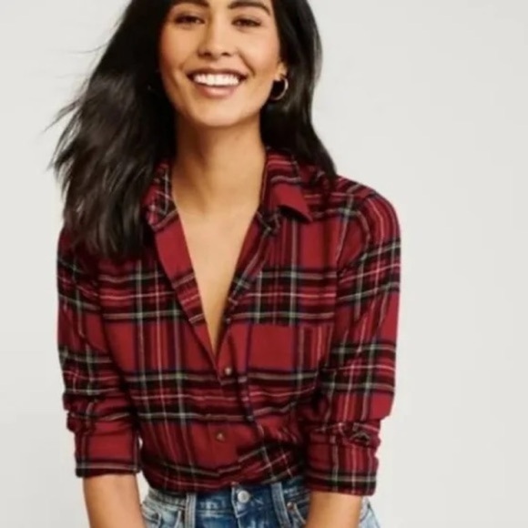 Abercrombie & Fitch red plaid boyfriend shirt button up - Picture 6 of 6